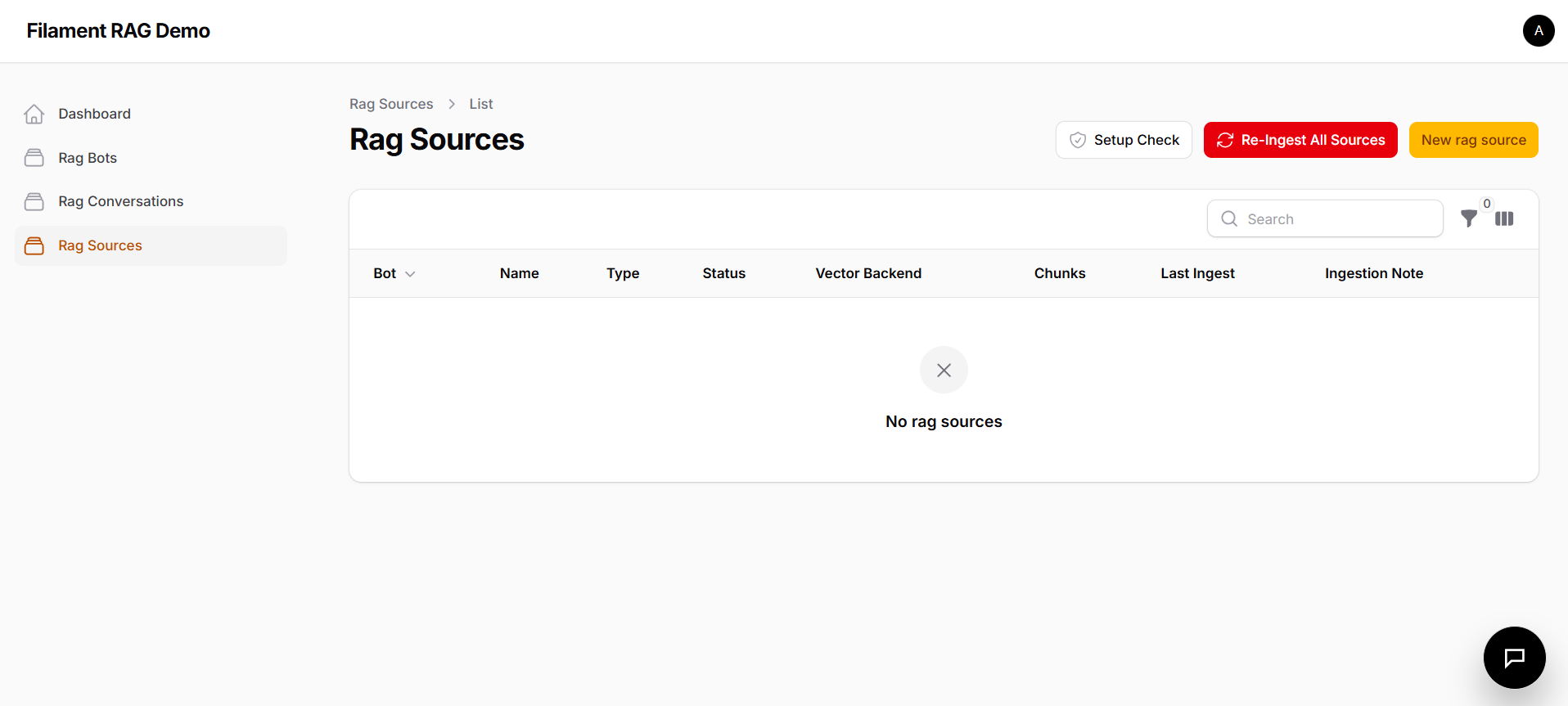 RAG source list screen with setup and ingest actions