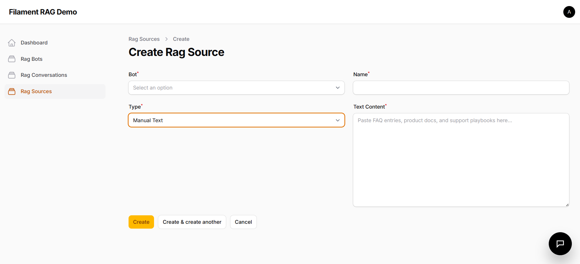Create RAG source form for manual text content